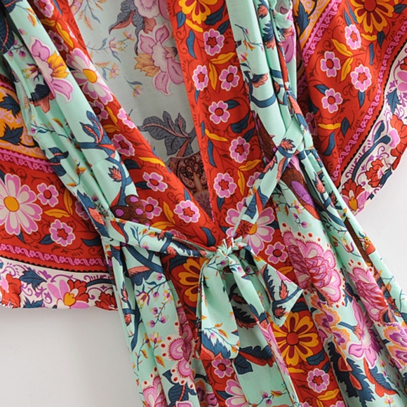 Boho Gypsy Red Floral Print Belted Kimono Cover up Beach - Picture 5 of 9